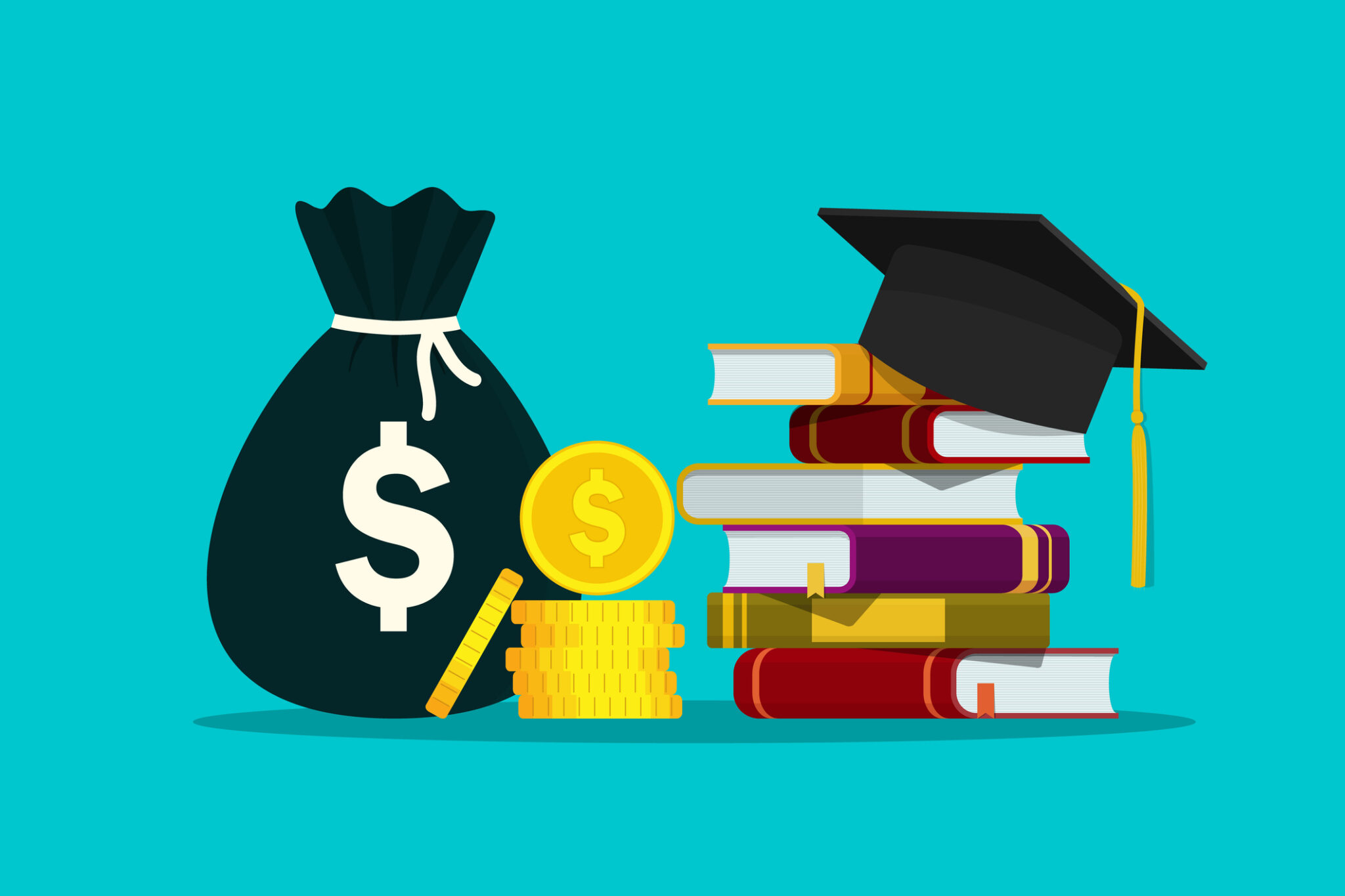 An illustration of a bag of money and gold coins beside a pile of books topped with a graduation cap.