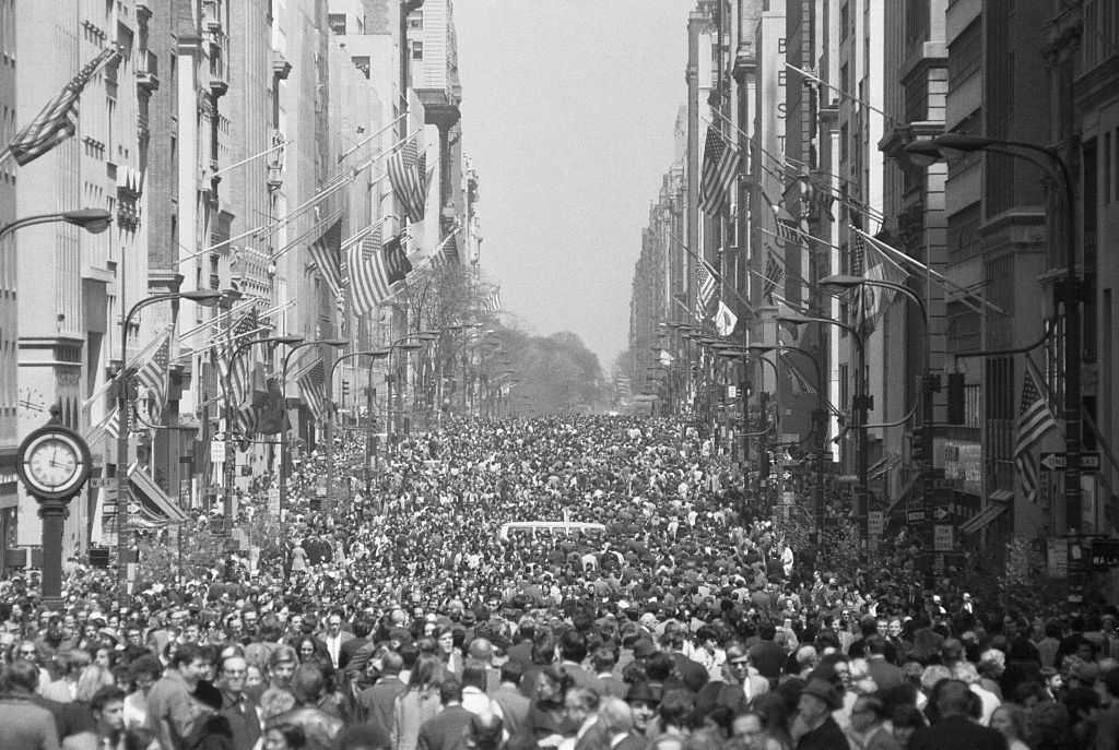 Thousands of people march along Fifth Avenue in New York City in support of the first Earth Day on April 22, 1970.